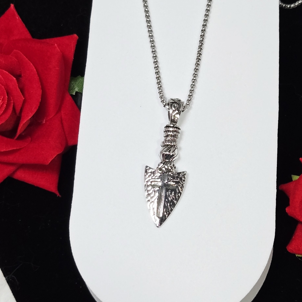 Mens Cross Arrowhead Necklace Stainless Steel 24" Chain Christian Western Biker - Picture 4 of 6
